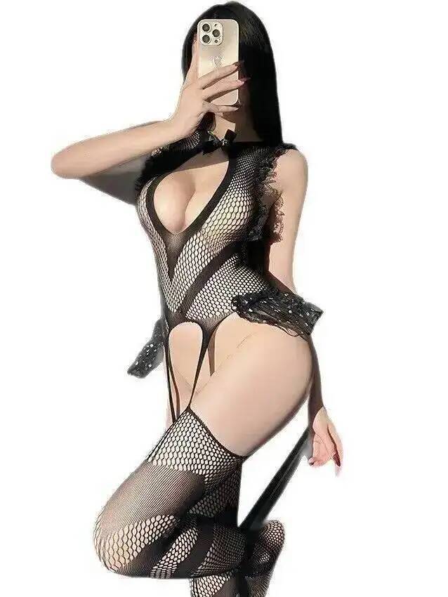 Fishnet Stocking Women - Sexy Spitzenbesatz Fischnetz-Bodystocking Netzstrümpfe Rückenfreier Po-Exponierer